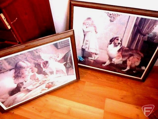 Vintage English picture with girl and collie dog, Framed wall art and guardian angel picture