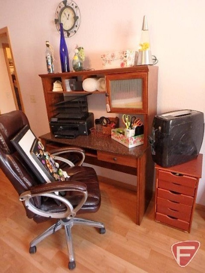 Office equipment, printer, shredder, chair, marble like top desk