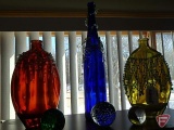 3 Glass vases and 3 glass paperweights, jars/vases have metal bead work on