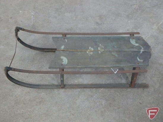 Vintage wood/metal sled with painted wood seat, 32inL