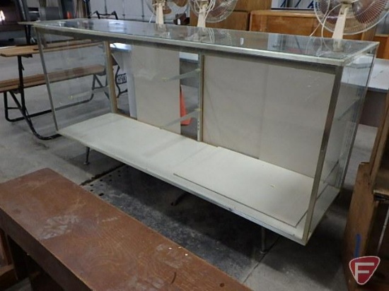 Glass lighted display case, sliding doors, glass adjustable shelving, 38inHx.72inWx21inD,