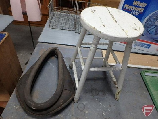 Painted wood stool and leather horse collar. 2 pieces