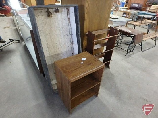 Wood book shelf, 36inHx24inW, wood shelf/table 27inHx21inWx15inD and wood box with rope