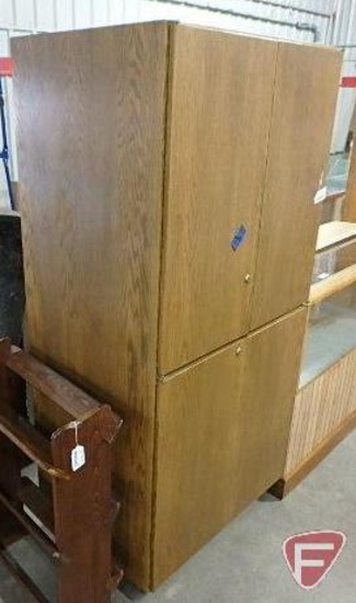 Wood storage cabinet on wheels, locking, 72inHx33inWx25inD