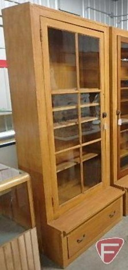 Wood display/book shelf with glass door and bottom drawer, adjustable wood shelves