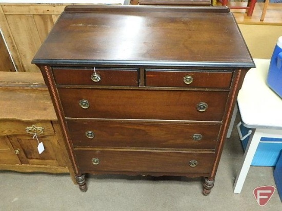 Vintage wood dresser/storage cabinet, 5 drawers, on wheels, 45inHx39inWx21inD