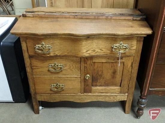 Vintage wood storage cabinet, 3 drawers, 1 door, 29inHx32inWx17inD,