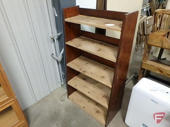 Wood book shelf, 48inHx27inWx9inD at top, 14inD at base