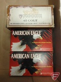 American Eagle 9mm luger ammo, 115 grain, (50) rounds, and 124 grain (50) rounds; and Fiocchi 45