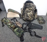 Gander Mountain backpack with (2) handgun cases, holster, fanny pack, and Allen case for belt