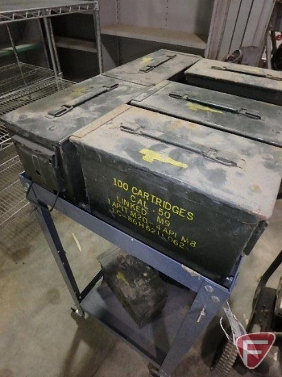 Metal cart on wheels with (8) .50cal. ammo boxes
