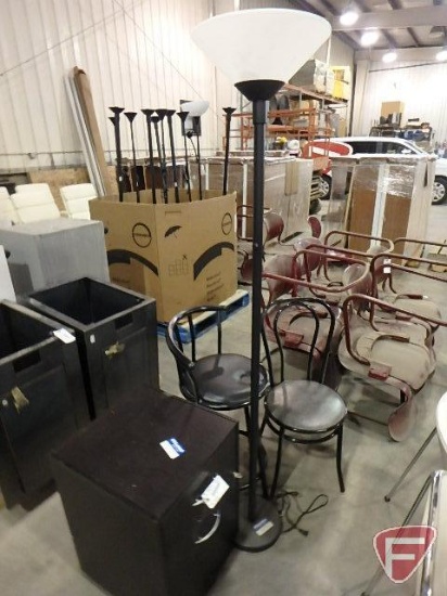 (2) chairs, floor lamp, and 2 drawer filing cabinet on rollers