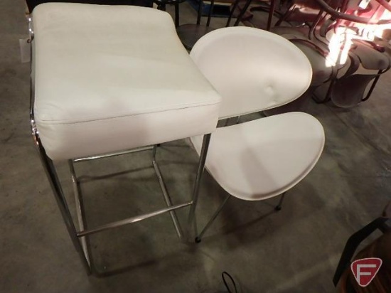(2) white leather-like chair and stool