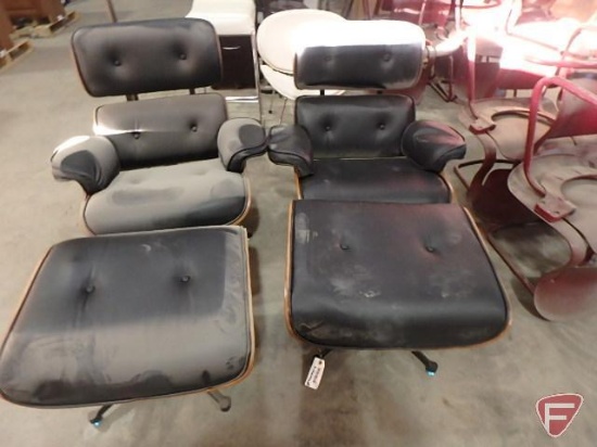 (2) matching leather-like arm chairs with matching foot stools, seat is 16" off ground