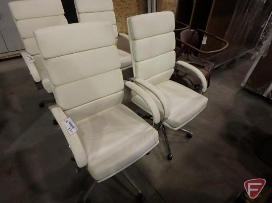 (2) white leather-like office chairs on rollers