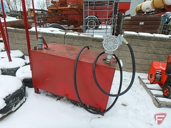 Fuel tank/cell with Great Plains Inds. manual pump model HP-100 with hose and nozzle