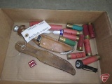 (2) hunting knives, 12ga ammo, compass, hourglass, and die
