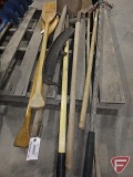 (2) wood oars, scythe blade, rock rake, shovels, and hoe