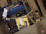 Sockets, drill bits, tape measure, adjustable wrench, slip pliers, Tool Shop laser level