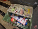 Plano 5410 tackle box organizer and contents: fishing hooks, bobbers, spoons, sinkers, and jigs