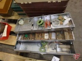 Metal tackle box organizer and contents: fishing hooks, bottom bouncer, asst. sinkers, and line