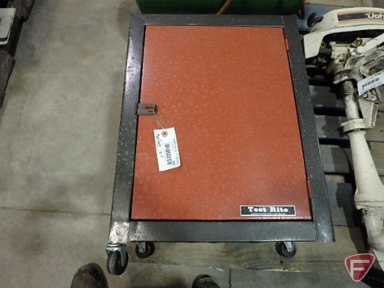 Testrite metal shop cabinet on casters, 4th caster needs repair, 18"x11"x25"H