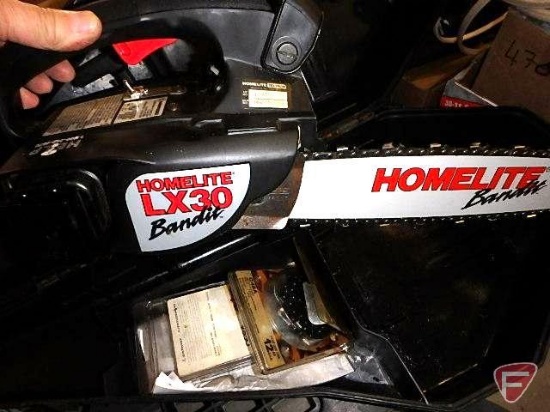 Homelite Bandit LX30 gas chainsaw, 12" bar, case, spare chain