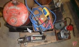 Metal car ramps, 2 ton hydraulic floor jack, oil cans, grease gun, smart boost jumper cables,
