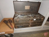 (2) pipe wrenches and tool box with contents: sockets