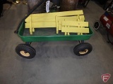 Metal wagon with wood sides and pneumatic wheels, John Deere color scheme