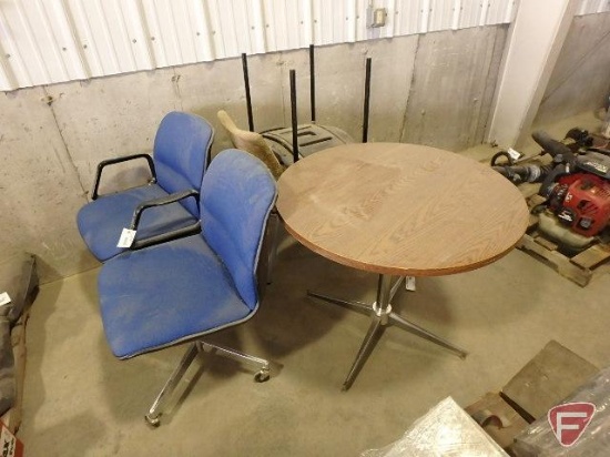 (2) office chairs on rollers, (2) chairs, table, 35" diameter, 30" H