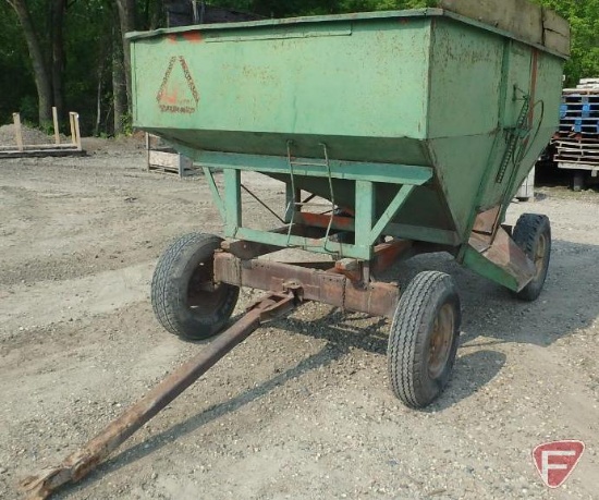 175 bushel gravity box on Northern Wisconsin Mfg. Co. 974 running gear with car tires