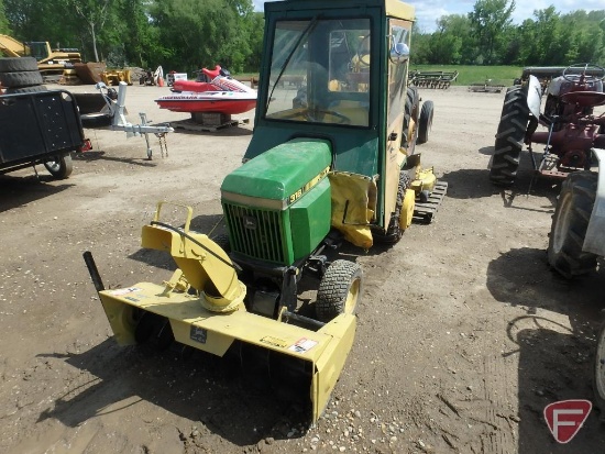 John Deere 318 gas lawn tractor with 46" snowblower attachment and 52" mower deck, SN: M00318X430210