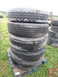 (5) Assorted semi tires, some on steel 10 bolt wheels
