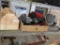 Wood carpenters tool box, buffer, Simer 1/6hp submersible utility pump, circular saw,