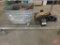 Galvanized tub, metal gas can, cordless 14.4v work light with charger, small bench vise, and