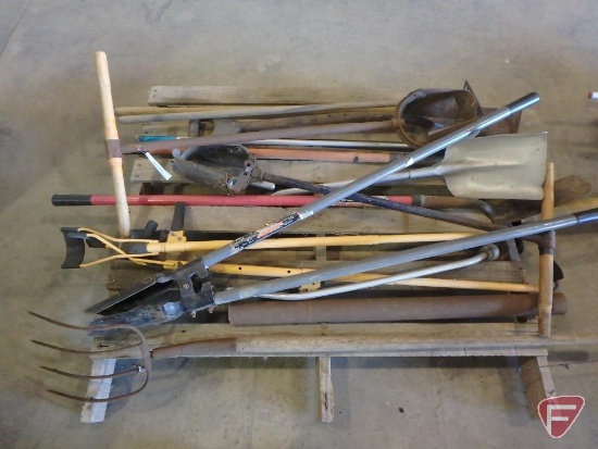 Yard/garden tools: post hole diggers, pitch fork, shovel, hoe