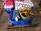 Speed Limit 30 sign, poly tow rope, small hardware organizer and contents, (2) metal tool boxes
