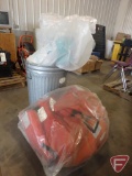 (2) galvanized waste bins, potting soil fertilizer, and life jackets