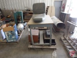 Work bench/table, automotive bucket seat, wood box, Standard cash register