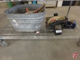 Galvanized tub, metal gas can, cordless 14.4v work light with charger, small bench vise, and