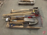 Yard/garden tools: scoop shovel, rakes, rock rake, garden cultivator, and other shovels