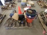 (2) safety cones, tape snakes, circular saw, horse/chore buckets, automotive filters,
