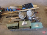 Ice auger, life jacket, galvanized minnow buckets, fishing poles, tackle boxes,