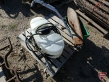Fimco sprayer tank, old implement board, and broadcast spreader