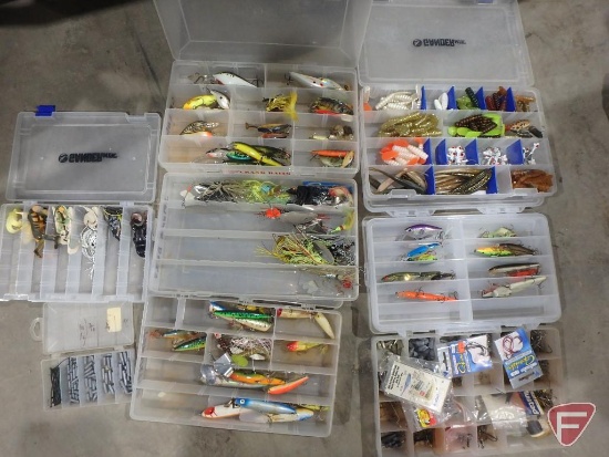 Fishing tackle in bag: soft plastics, lures, crank baits, hooks, sinkers, top water lures