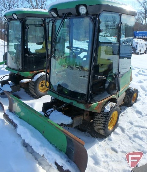 2001 John Deere 1420 gas 2WD lawn tractor with heated cab and front mount 2015 72" blade