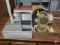 Metal medicine cabinet with mirror 18inH, Bulova anniversary clock, trinket box, painted metal