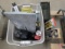 Metal ammo box, rifle cleaning kit, vintage flashlight, Bar and Chain oil, shelf brackets.
