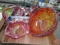 Red/orange carnival glass bowl and basket